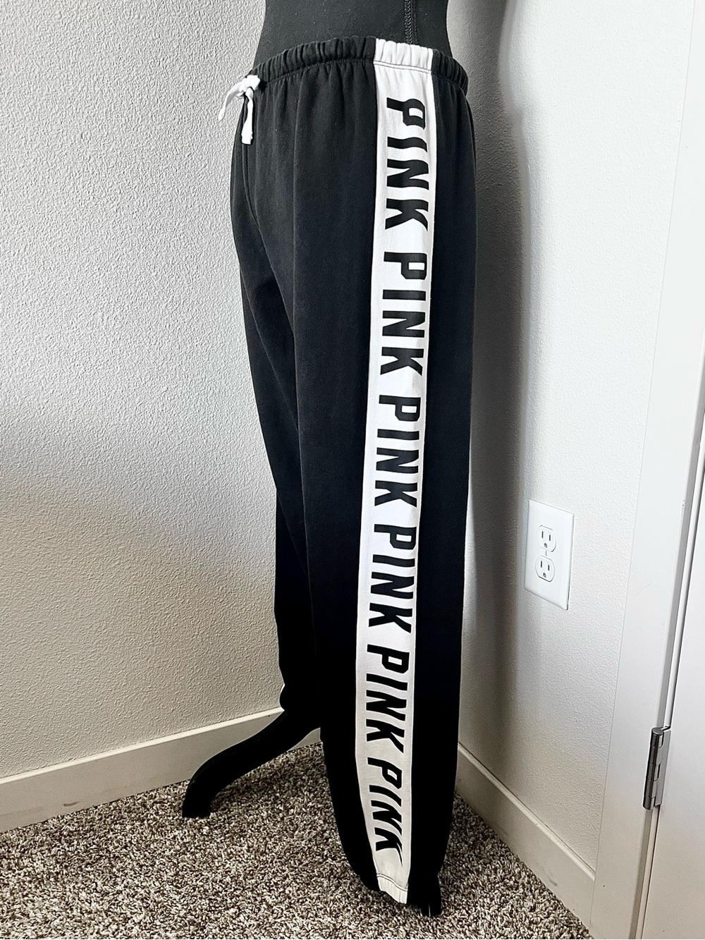 EXC • VS PINK Black “Pink” Logo Stripe Baggy Jogger Sweatpants •